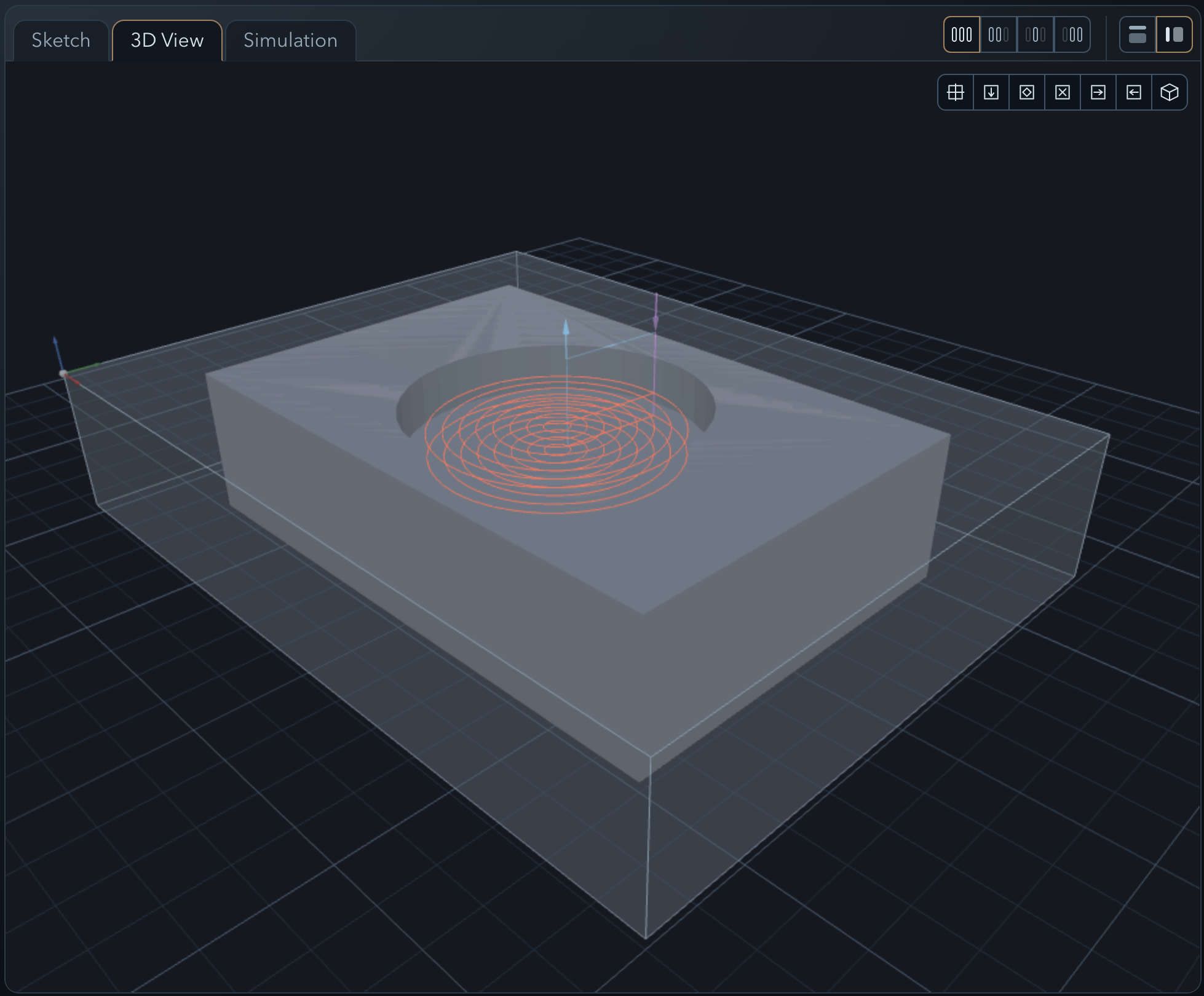3D View showing the Pocket Rough toolpath over the stock block