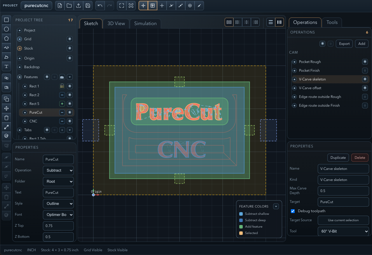 PureCut CNC — full interface showing sketch editor, feature tree, and CAM operations panel